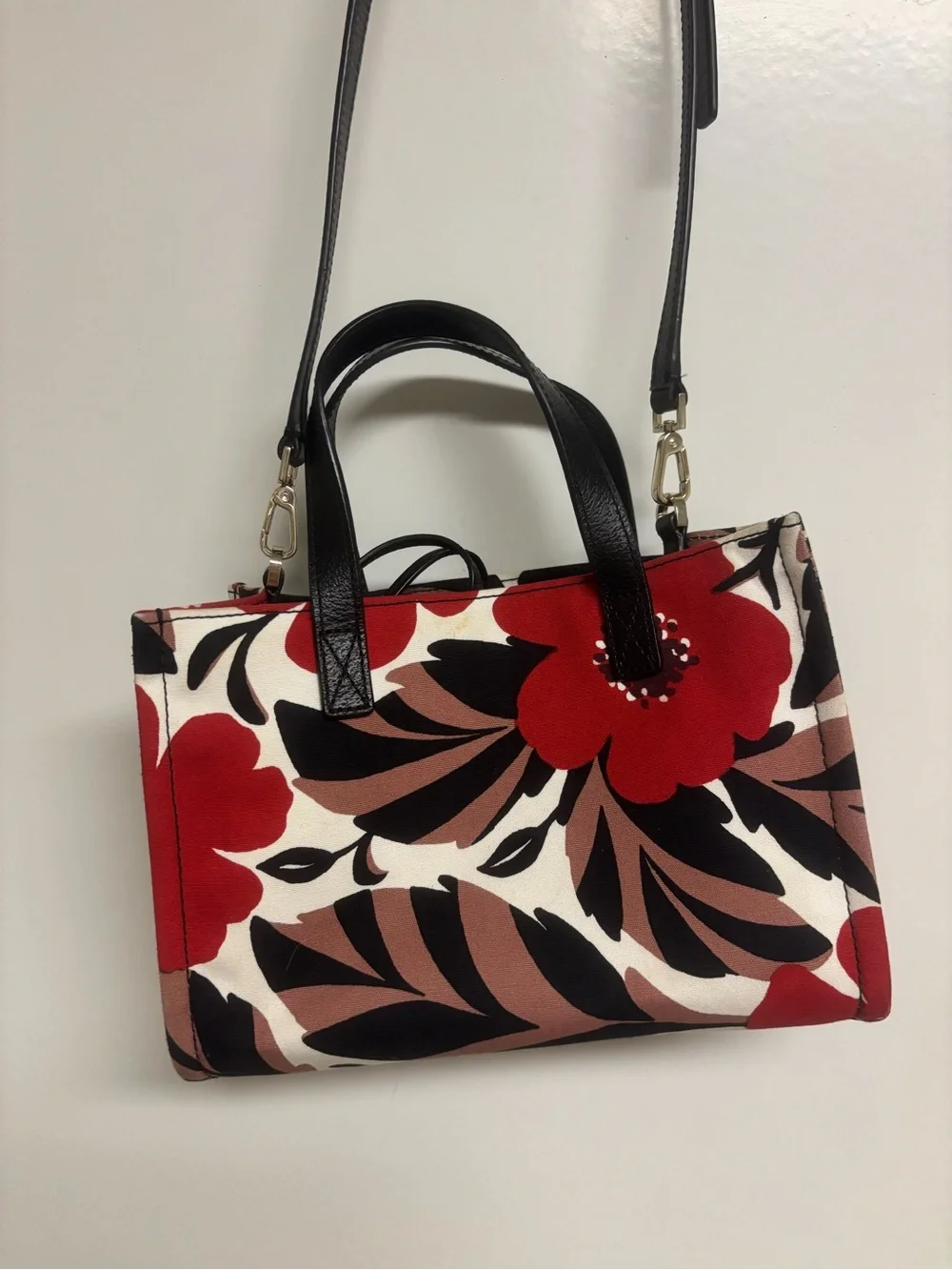 Floral Print Red Canvas Tote with Removable Strap